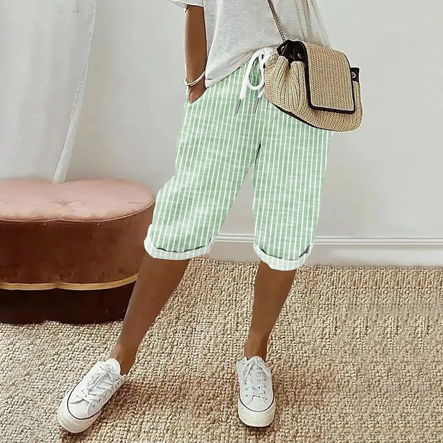 Pedal Pushers for Women Knee Length Linen Casual Striped Bermuda Shorts Summer Elastic Waisted Capris with Pocket