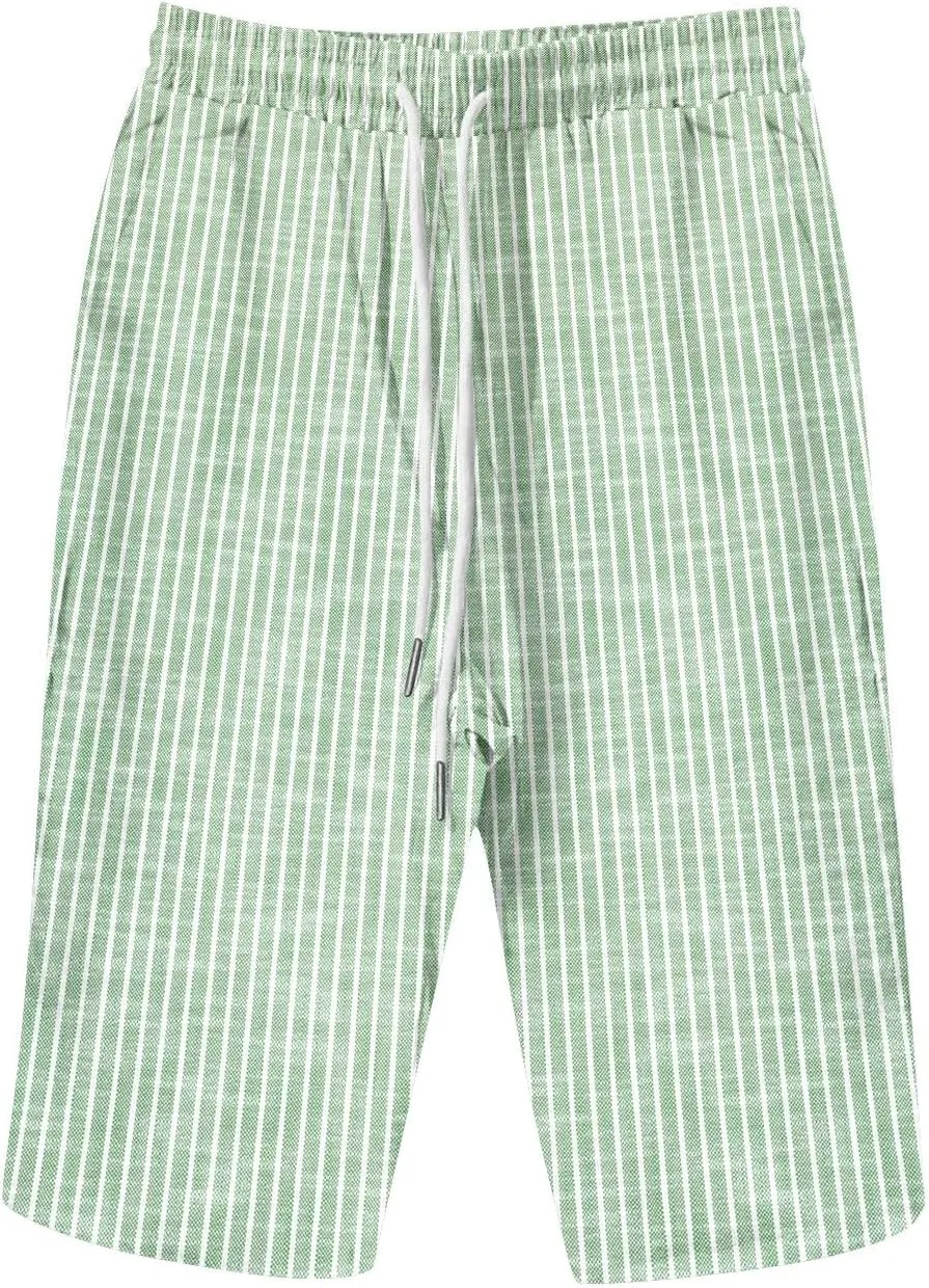 Pedal Pushers for Women Knee Length Linen Casual Striped Bermuda Shorts Summer Elastic Waisted Capris with Pocket
