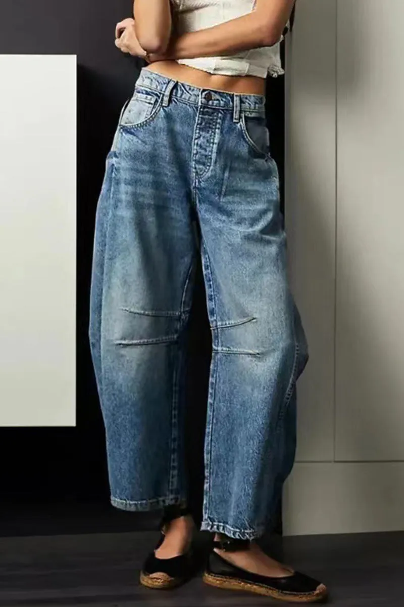 Purpdrank - Casual Solid Make Old Pocket High Waist Loose Denim Jeans