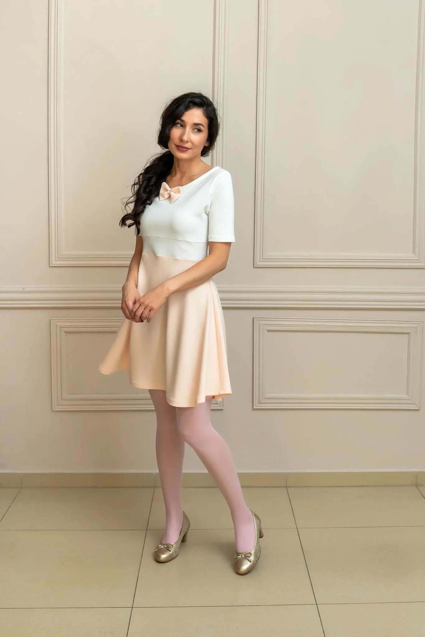 "Meli" Coquette Bow Dress In Ivory And Rose Pink
