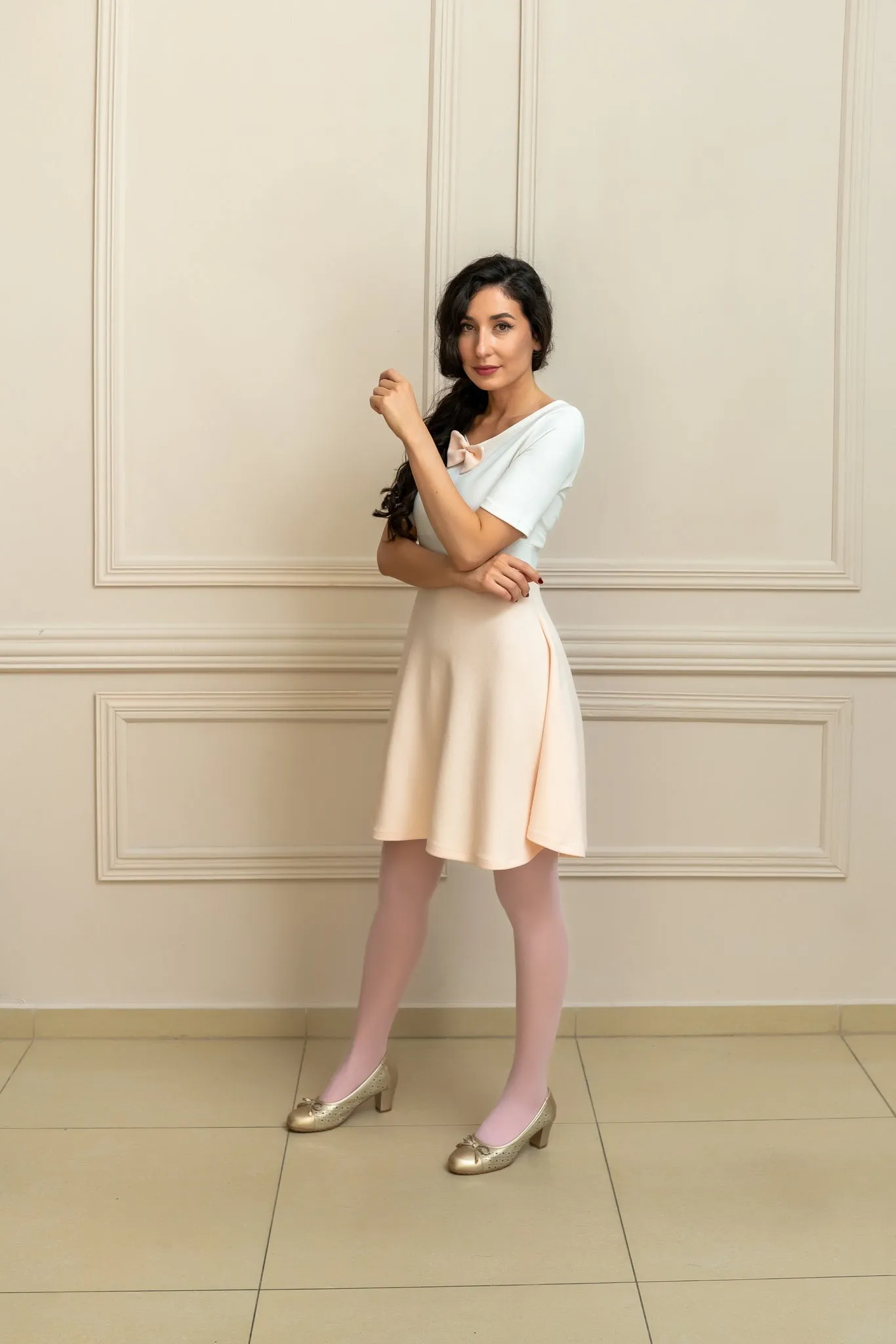 "Meli" Coquette Bow Dress In Ivory And Rose Pink