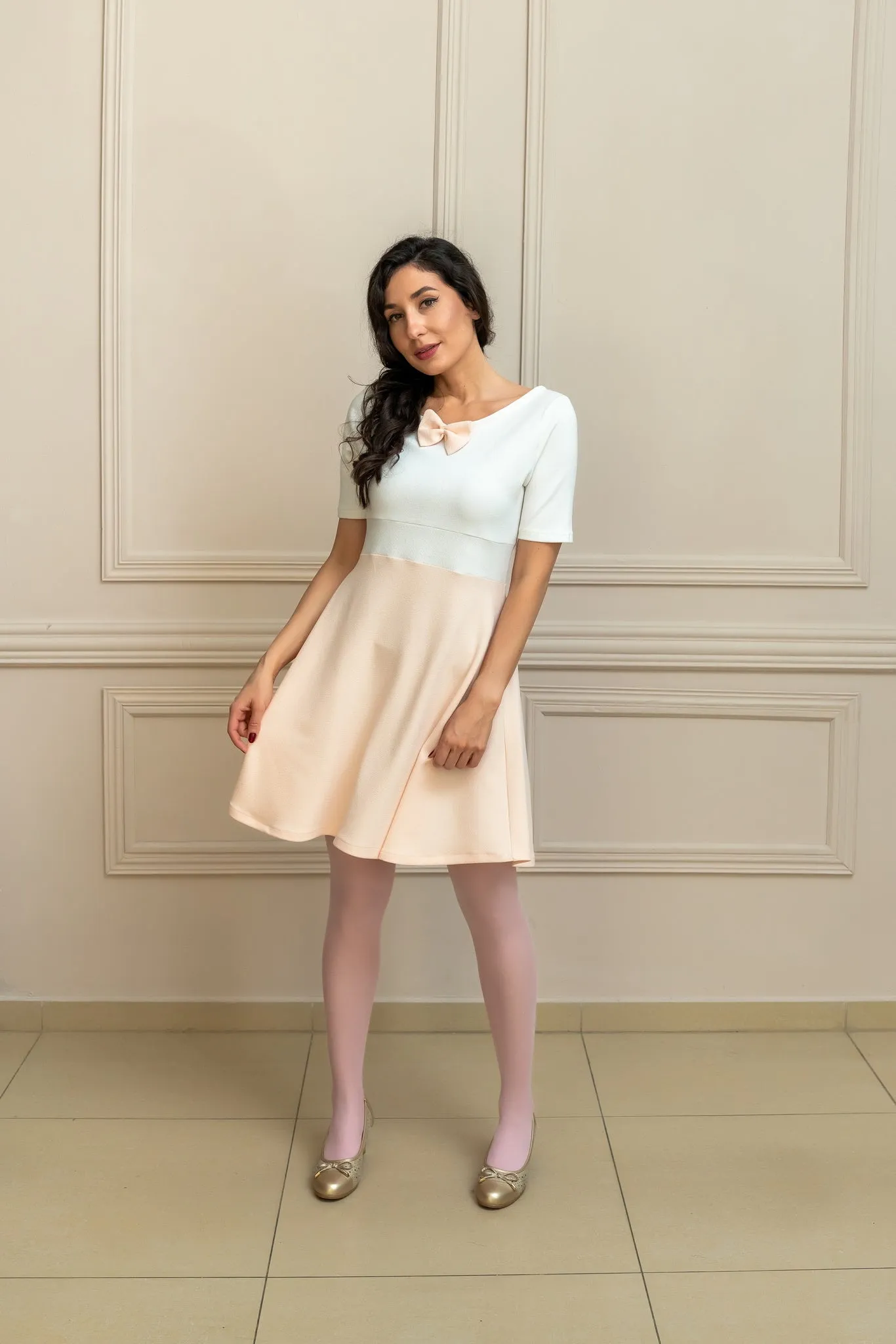 "Meli" Coquette Bow Dress In Ivory And Rose Pink
