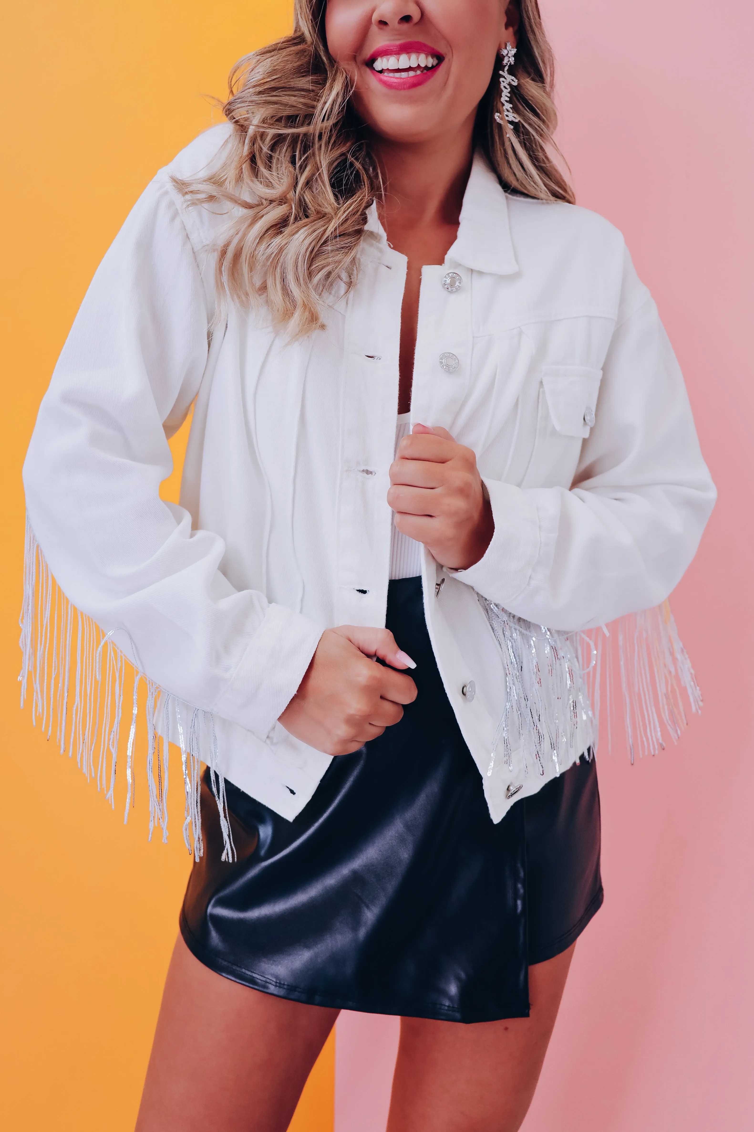 Rambler Sequin Fringe Denim Jacket - White