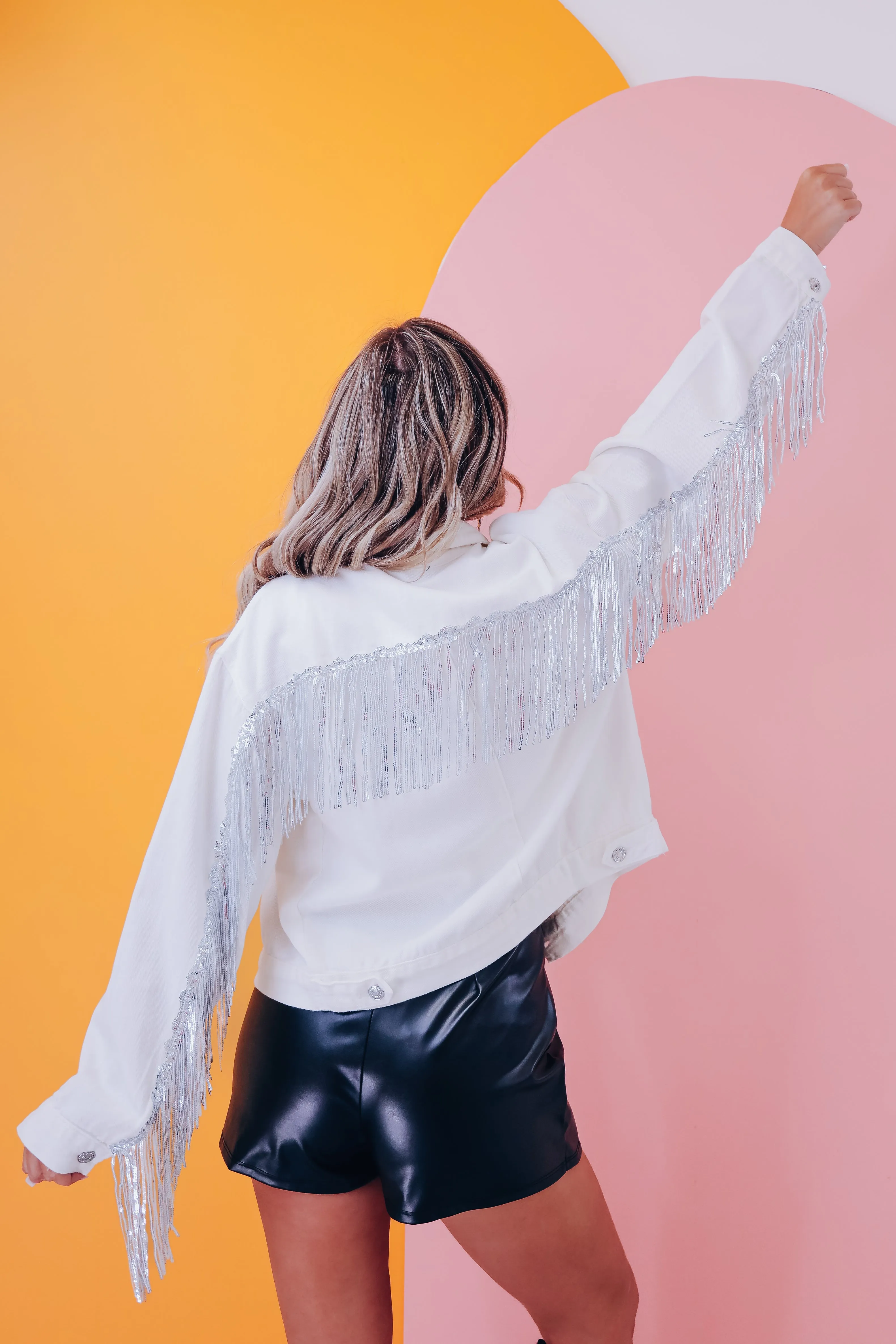 Rambler Sequin Fringe Denim Jacket - White