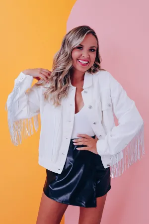 Rambler Sequin Fringe Denim Jacket - White