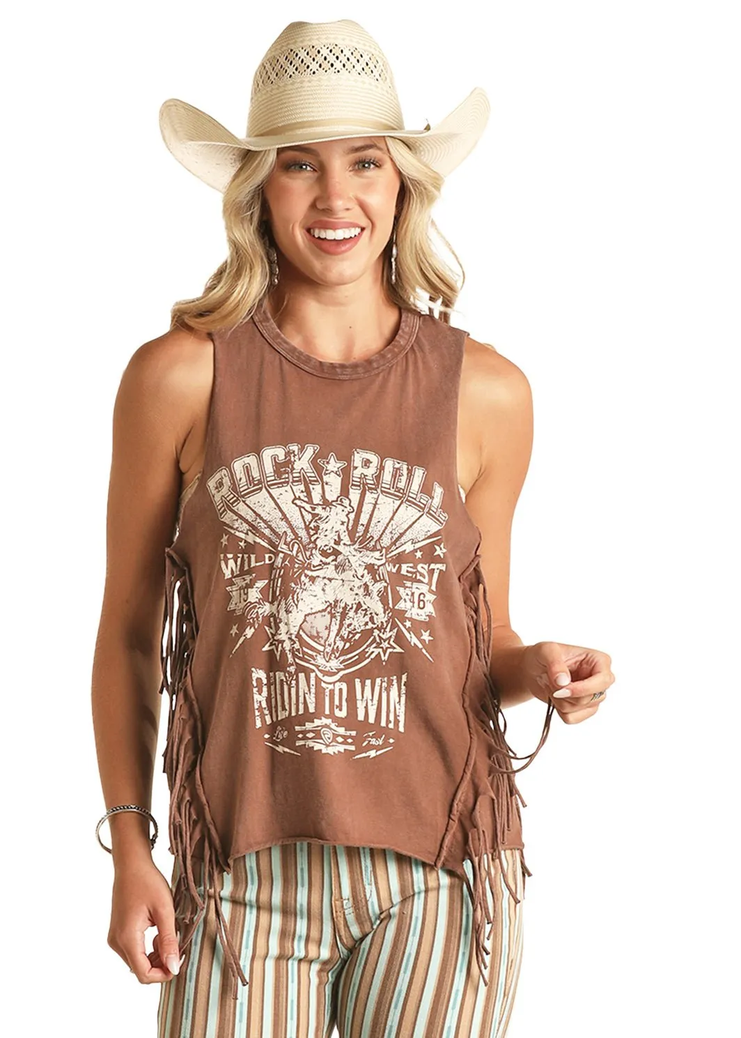 Rock & Roll Denim Ladies Graphic Tank w/ Fringe