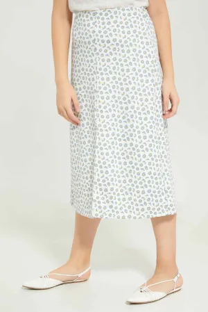 Senior Girls White Floral Long Skirt