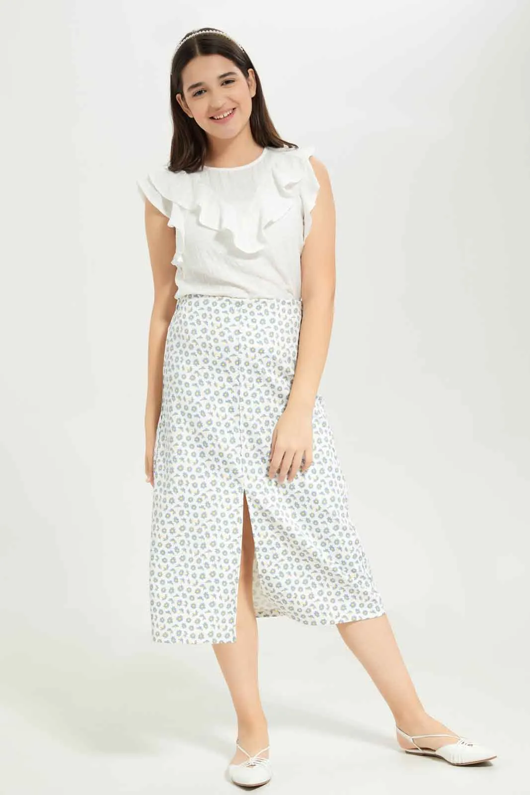 Senior Girls White Floral Long Skirt