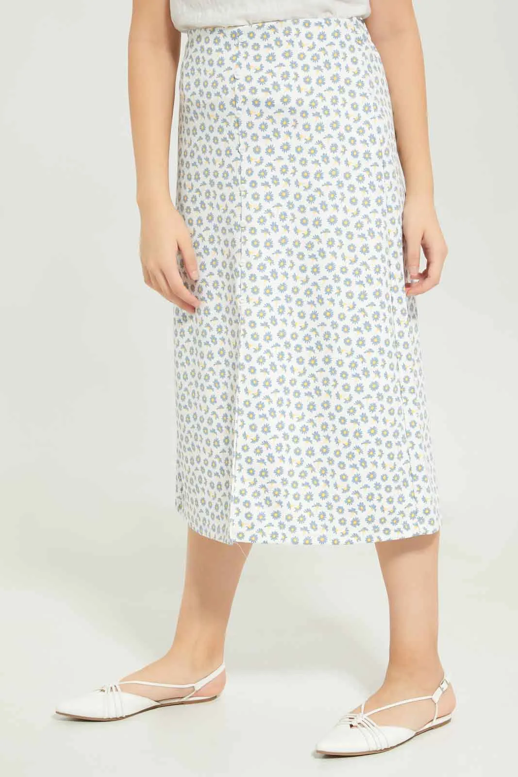 Senior Girls White Floral Long Skirt