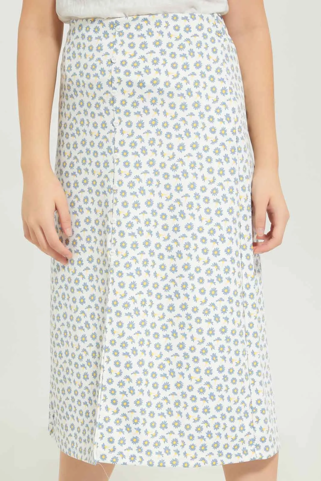 Senior Girls White Floral Long Skirt