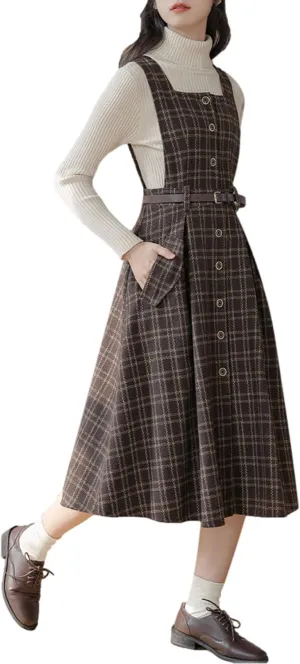Sleeveless Plaid Belted Dress for Women Fall Winter Square Collar Wool Midi Overall Pinafore Dress with Pocket