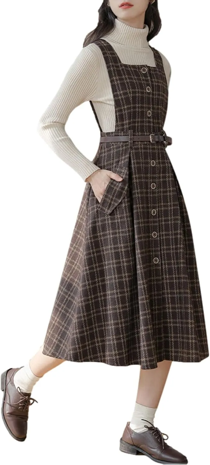 Sleeveless Plaid Belted Dress for Women Fall Winter Square Collar Wool Midi Overall Pinafore Dress with Pocket