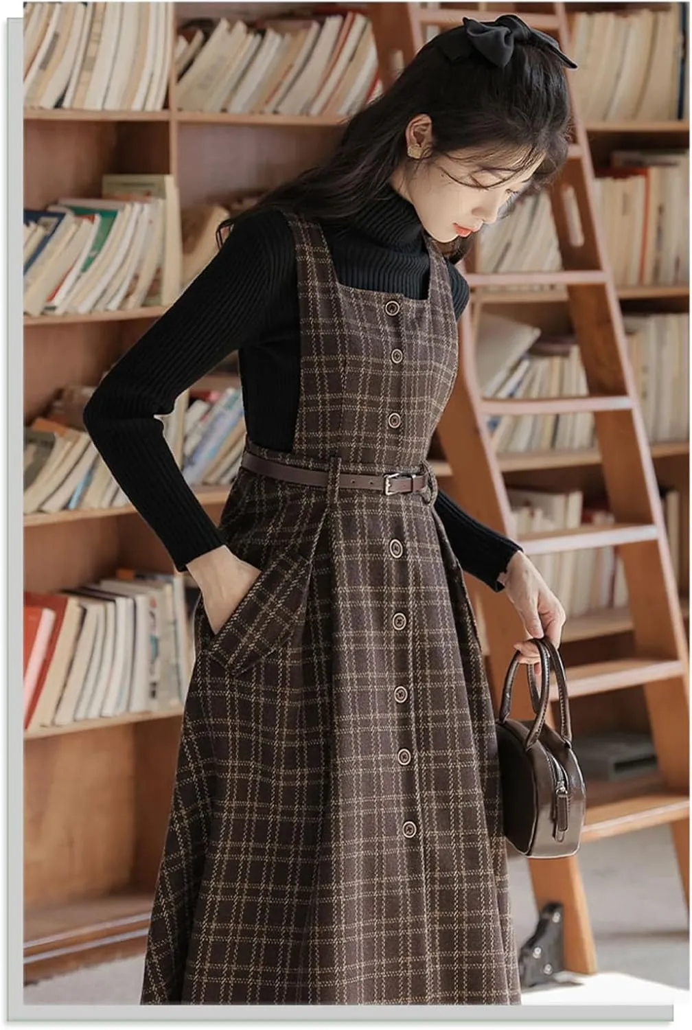 Sleeveless Plaid Belted Dress for Women Fall Winter Square Collar Wool Midi Overall Pinafore Dress with Pocket