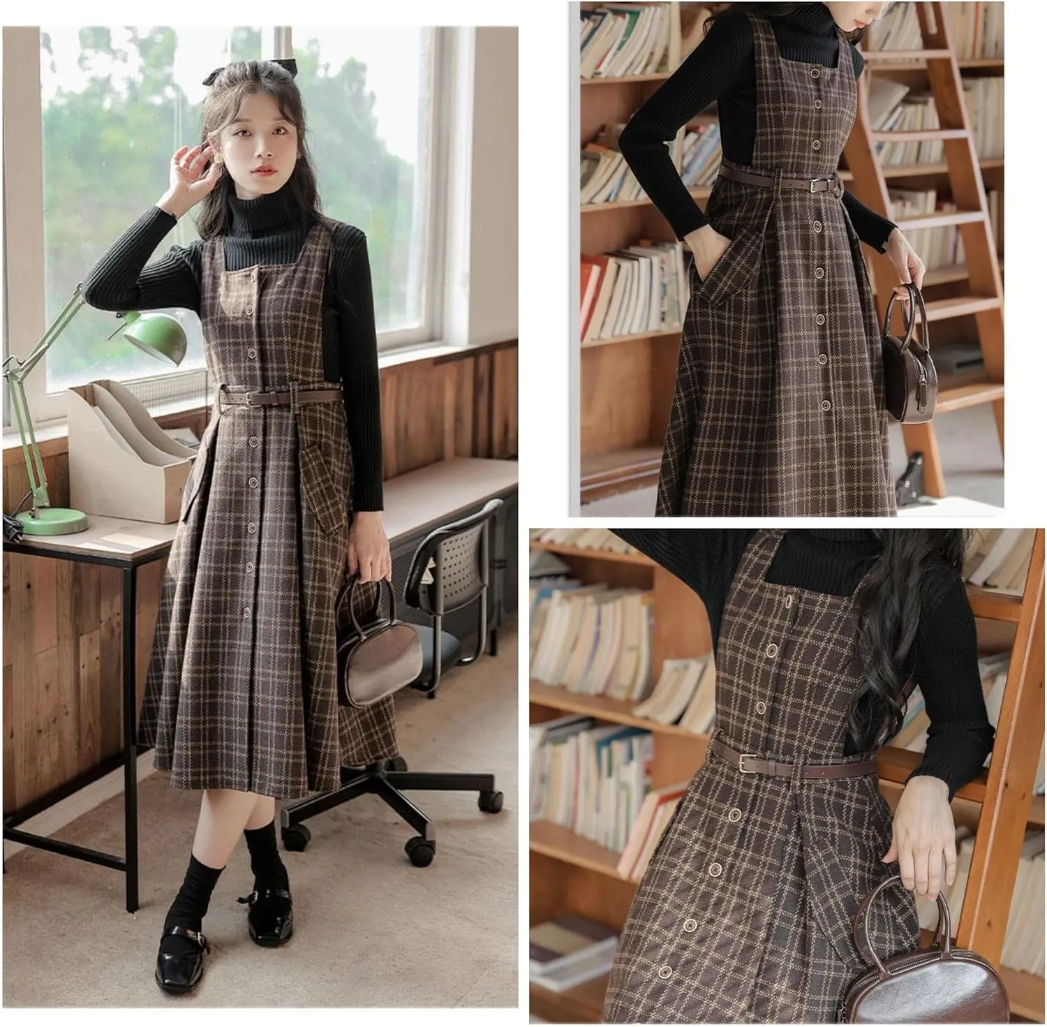 Sleeveless Plaid Belted Dress for Women Fall Winter Square Collar Wool Midi Overall Pinafore Dress with Pocket