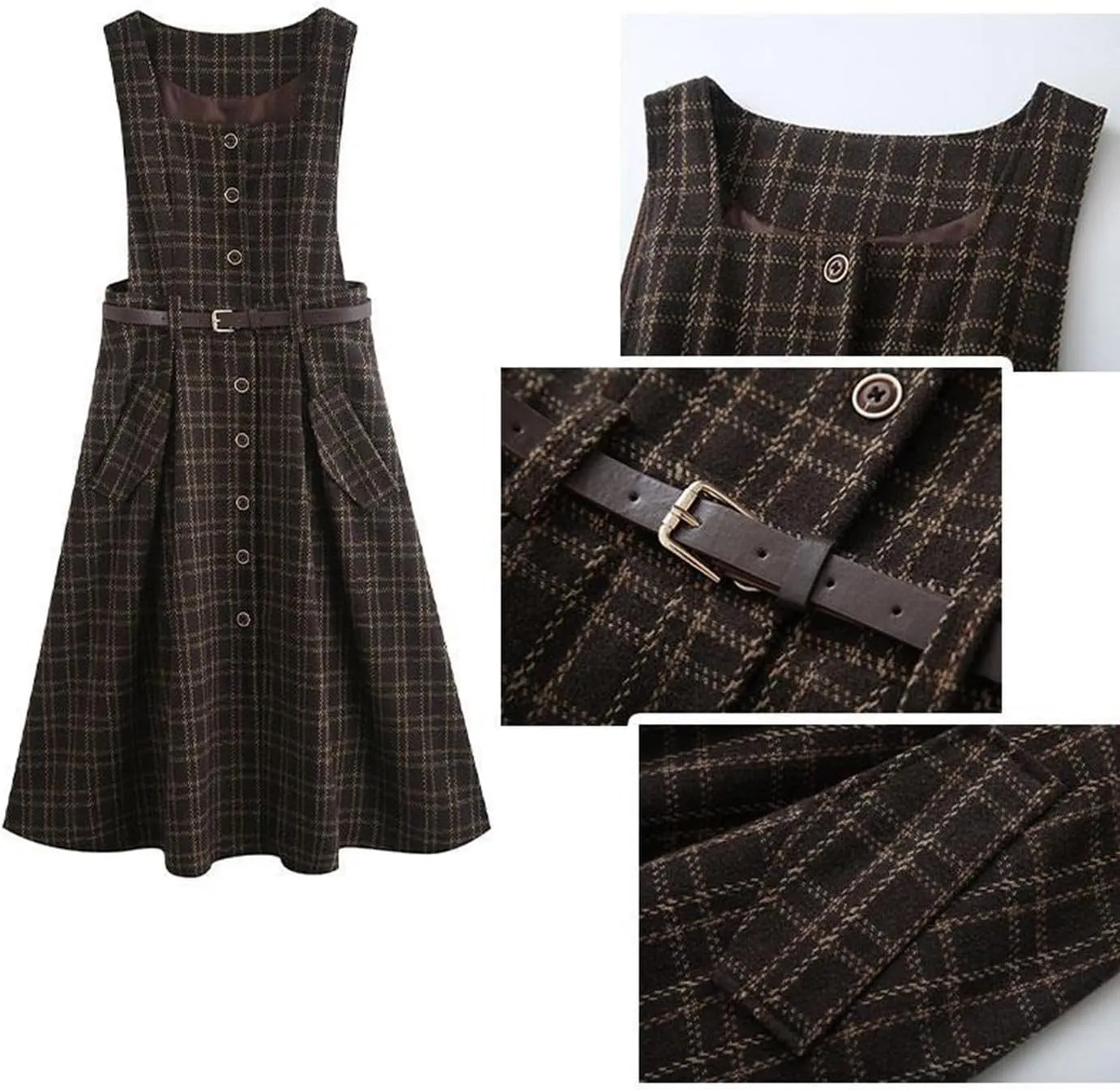 Sleeveless Plaid Belted Dress for Women Fall Winter Square Collar Wool Midi Overall Pinafore Dress with Pocket