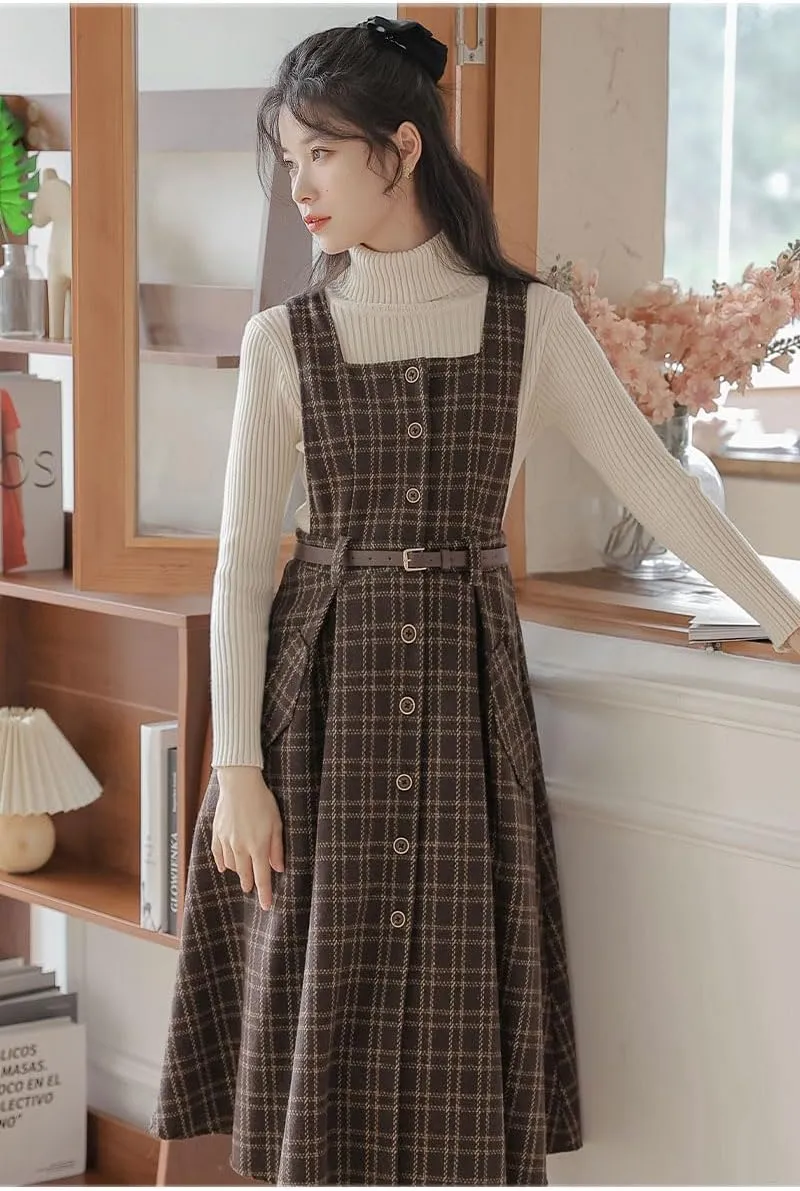 Sleeveless Plaid Belted Dress for Women Fall Winter Square Collar Wool Midi Overall Pinafore Dress with Pocket