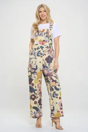 SM Wardrobe Floral & Bird Print Overalls in Cream/Beige