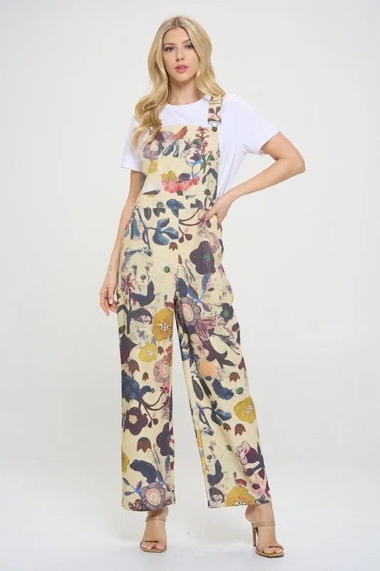 SM Wardrobe Floral & Bird Print Overalls in Cream/Beige