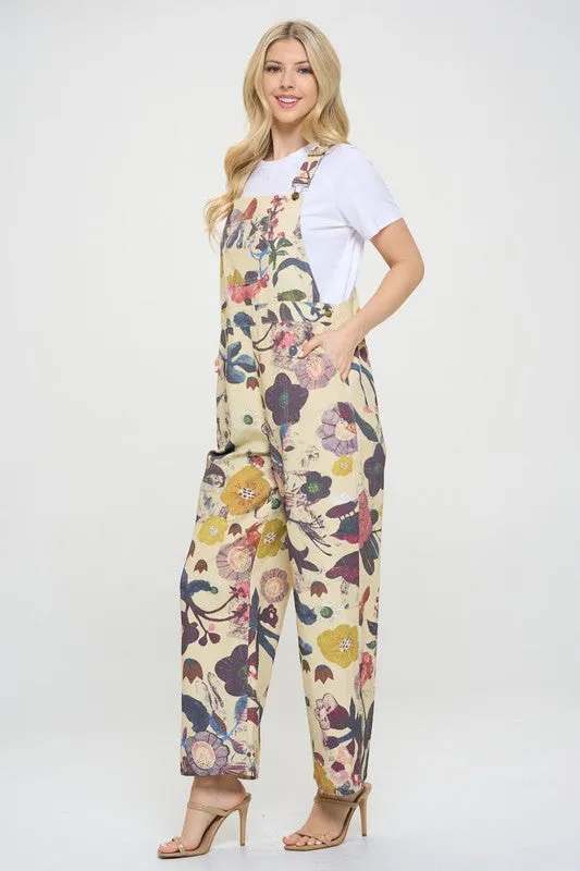 SM Wardrobe Floral & Bird Print Overalls in Cream/Beige