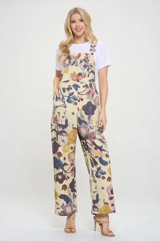 SM Wardrobe Floral & Bird Print Overalls in Cream/Beige