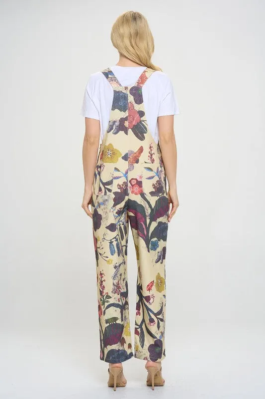 SM Wardrobe Floral & Bird Print Overalls in Cream/Beige