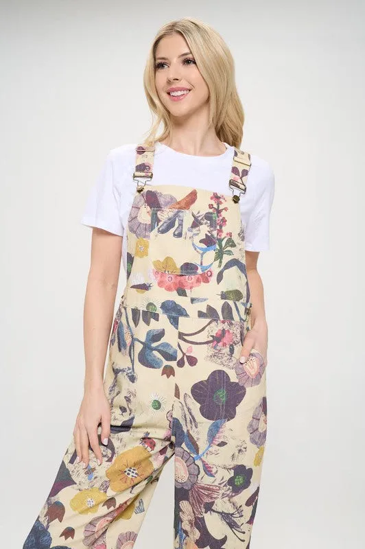 SM Wardrobe Floral & Bird Print Overalls in Cream/Beige