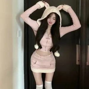 Sparkly Snowy White Rose Lamb         Hoodie Sweater Complete Top and Skirt Set Kawaii Academia Y2K Cottagecore Coquette Fairycore Dollette Princesscore Bottoms