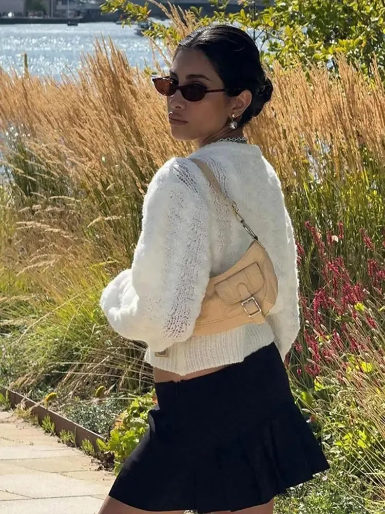 TAVIMART  -  Fashion 3d Flower Solid Knitted Cardigan Women's Elegant O-neck Short Loose Sweater Autumn Female Commute Chic Outerwears