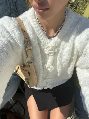 TAVIMART  -  Fashion 3d Flower Solid Knitted Cardigan Women's Elegant O-neck Short Loose Sweater Autumn Female Commute Chic Outerwears