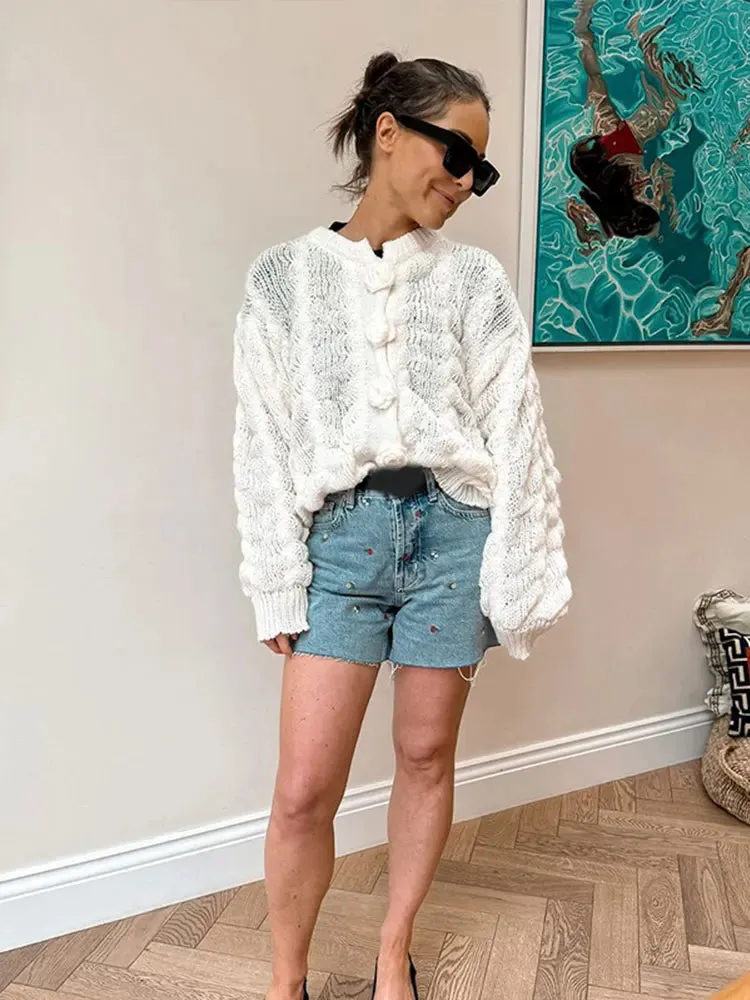 TAVIMART  -  Fashion 3d Flower Solid Knitted Cardigan Women's Elegant O-neck Short Loose Sweater Autumn Female Commute Chic Outerwears