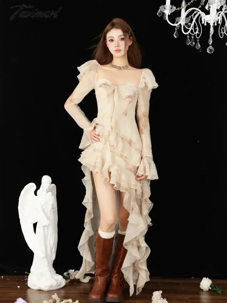TAVIMART Long Sleeve Romantic Tie Dye Ruffles Backless Long Maxi Dress Vintage Party Evening Elegant Luxury Celebrity Flowy Dress Clothes