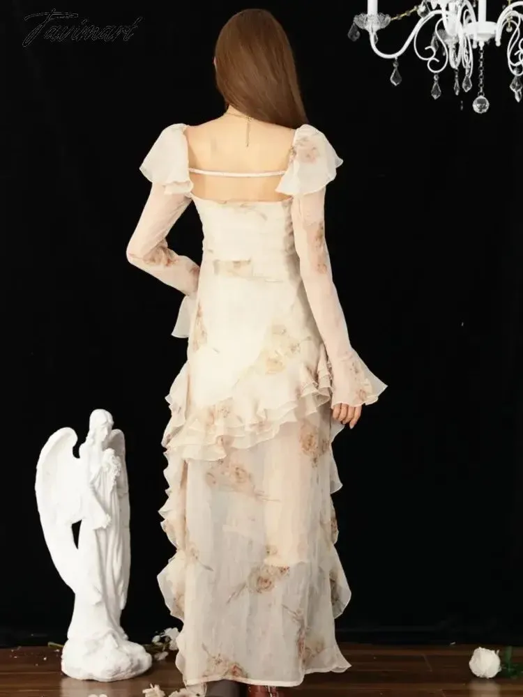 TAVIMART Long Sleeve Romantic Tie Dye Ruffles Backless Long Maxi Dress Vintage Party Evening Elegant Luxury Celebrity Flowy Dress Clothes
