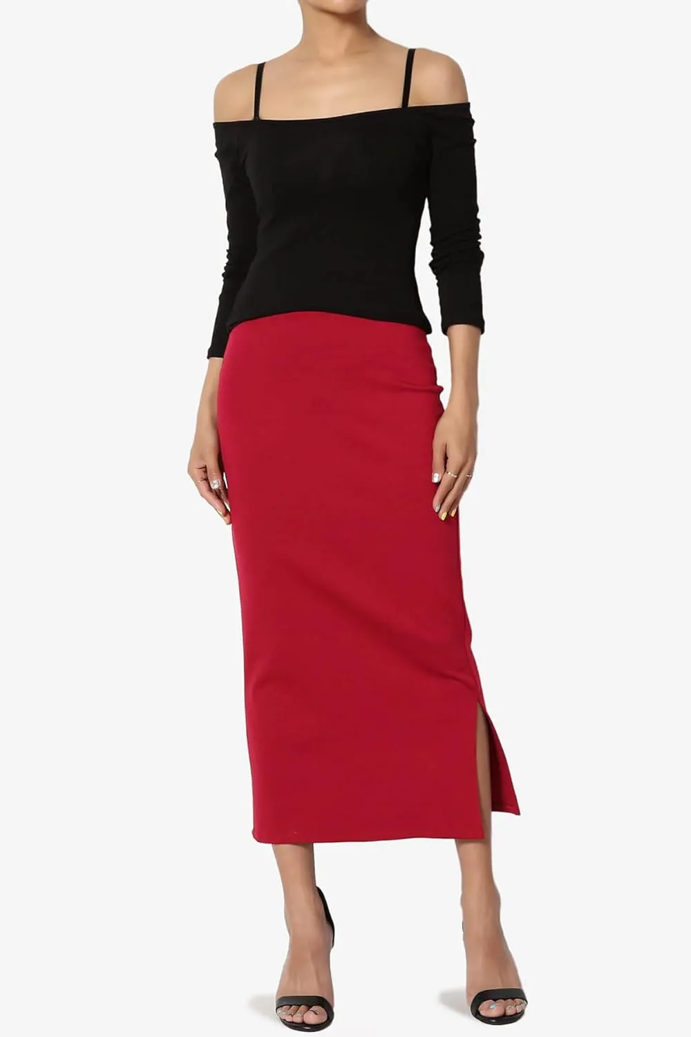 TheMogan Side Slit High Waist Stretch Ponte Knit Mid Calf Long Pencil Skirt