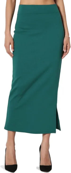 TheMogan Side Slit High Waist Stretch Ponte Knit Mid Calf Long Pencil Skirt