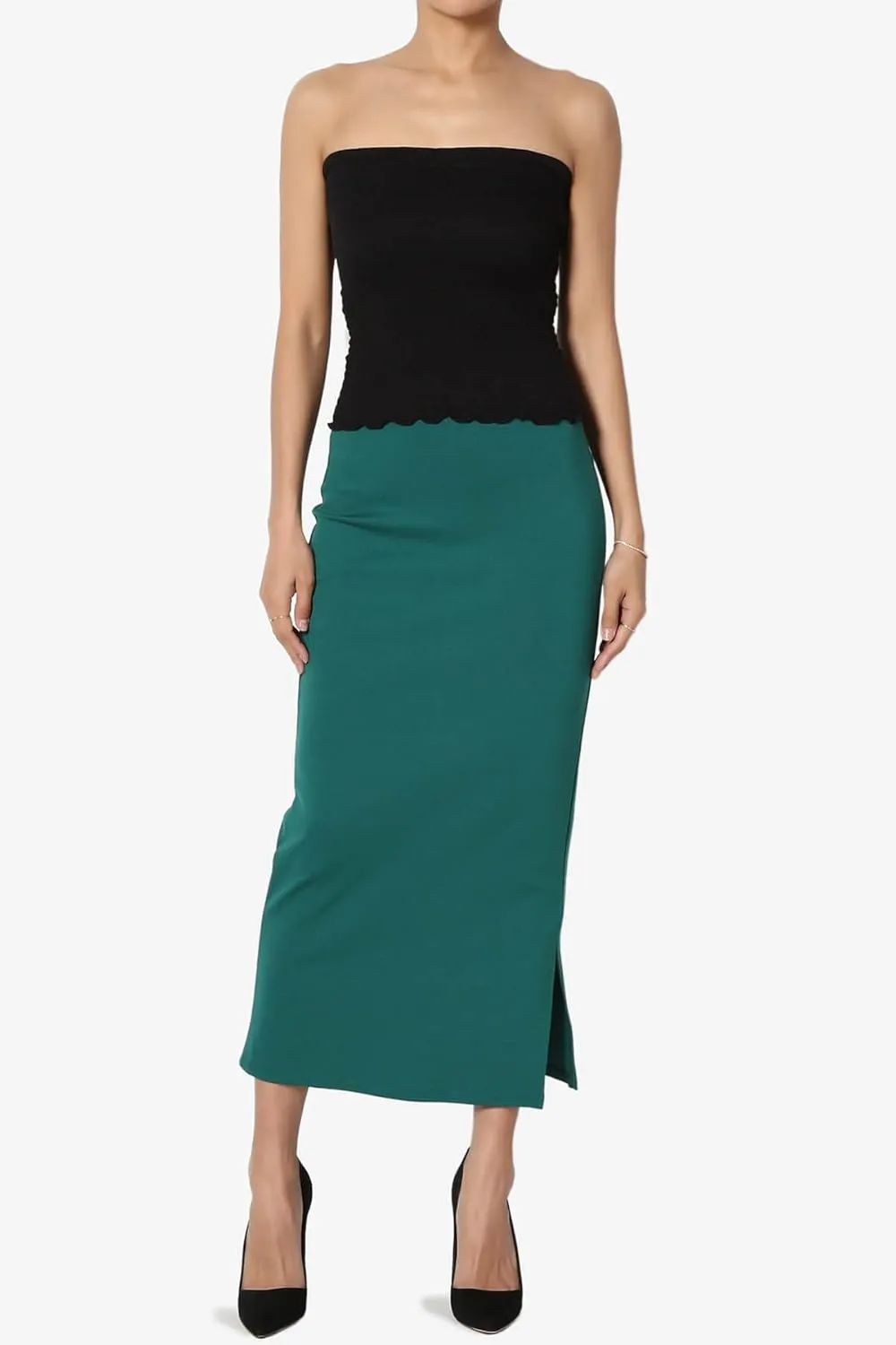 TheMogan Side Slit High Waist Stretch Ponte Knit Mid Calf Long Pencil Skirt