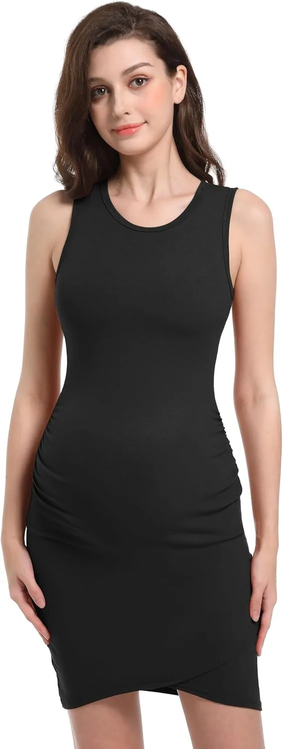 V VOCNI Maternity Bodycon Dress Women's Sleeveless Tank Dress Short Casual Ruched Party Club Mini Maternity Dress