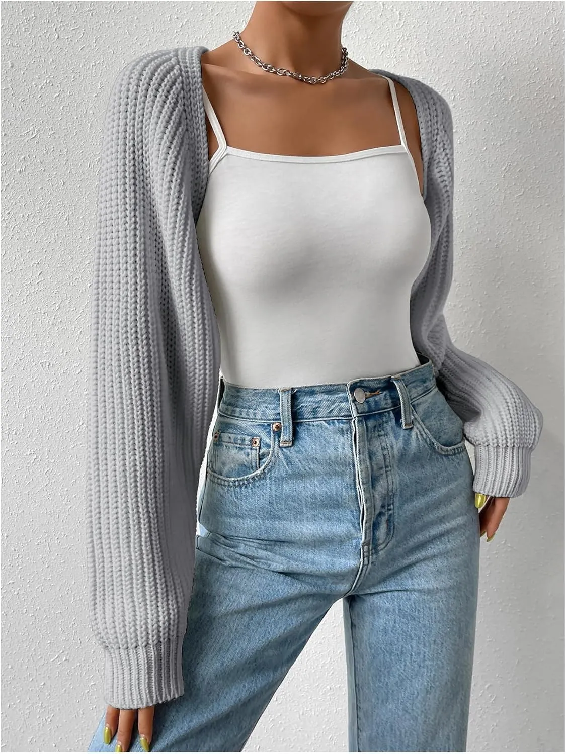 Verdusa Women's Long Sleeve Open Front Knitted Crop Cardigan Sweater Shrug