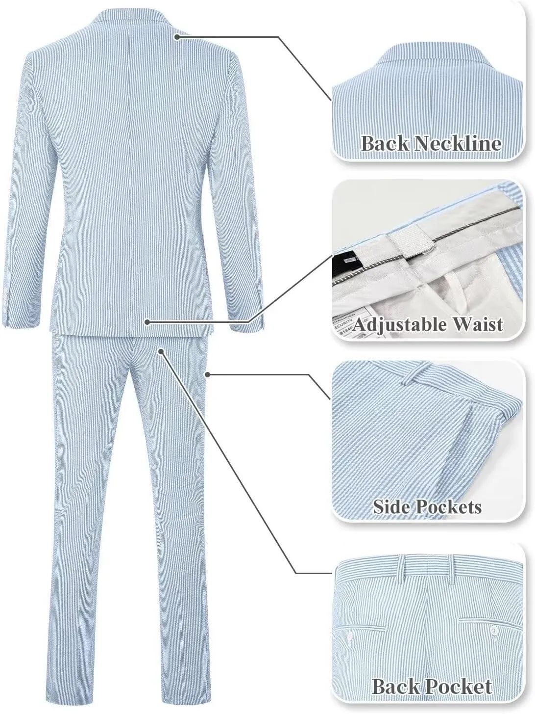 Wehilion Men 2 Pieces Seersucker Suit Casual 2 Button Slim Fit Striped Suits for Men Summer Wedding Prom Suit Jacket Pants