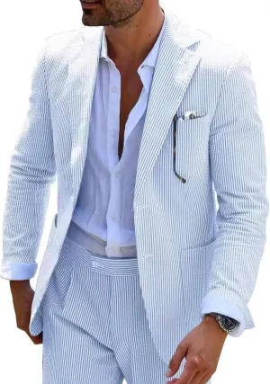 Wehilion Men 2 Pieces Seersucker Suit Casual 2 Button Slim Fit Striped Suits for Men Summer Wedding Prom Suit Jacket Pants