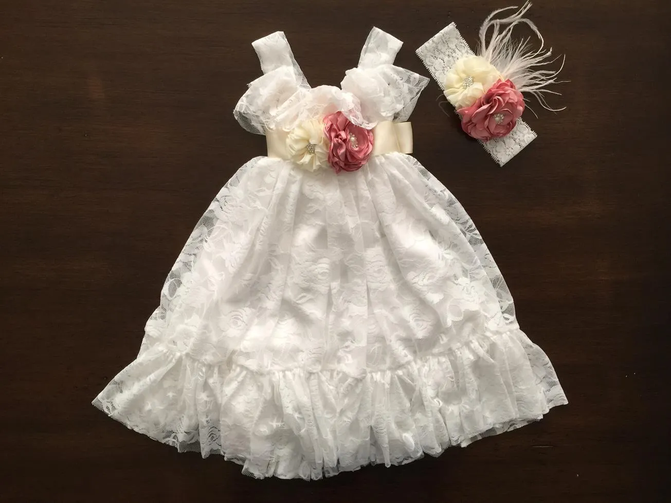 White Lace Baptism Dress, French White Lace Flower Girl Dress
