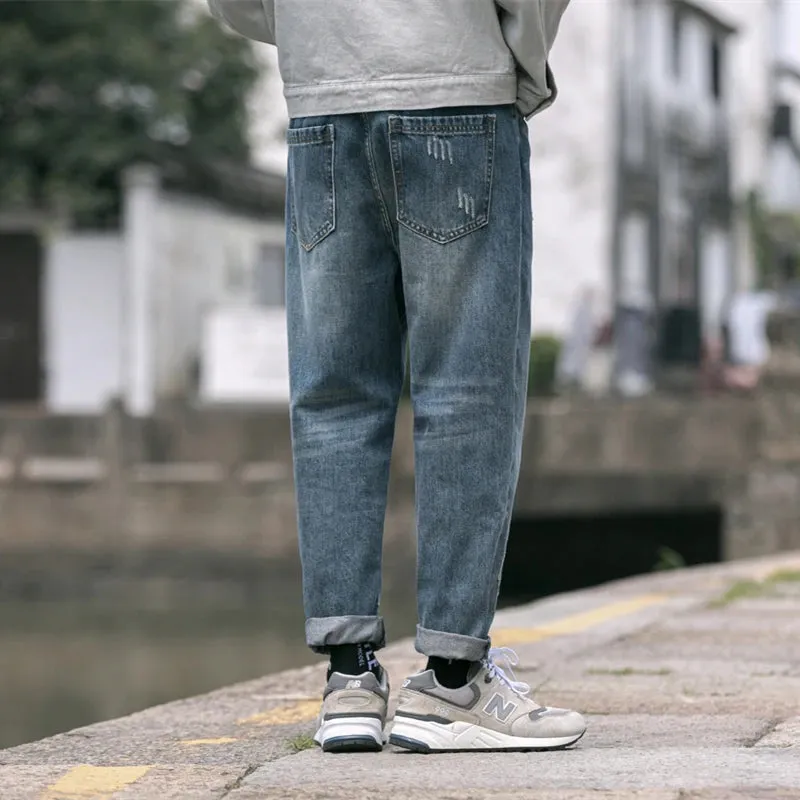 Wiaofellas  -  Japan fashion Retro Washed Distressed Blue Scratch Jeans Men's Spring and Autumn Fashion Brand Loose Straight Casual Harlan T...