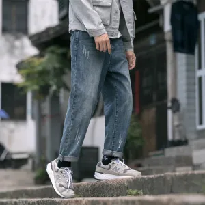 Wiaofellas  -  Japan fashion Retro Washed Distressed Blue Scratch Jeans Men's Spring and Autumn Fashion Brand Loose Straight Casual Harlan T...
