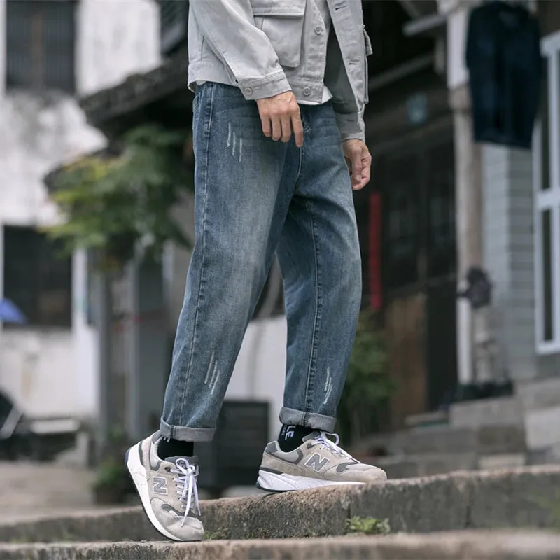 Wiaofellas  -  Japan fashion Retro Washed Distressed Blue Scratch Jeans Men's Spring and Autumn Fashion Brand Loose Straight Casual Harlan T...