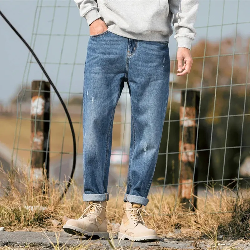 Wiaofellas  -  Japan fashion Retro Washed Distressed Blue Scratch Jeans Men's Spring and Autumn Fashion Brand Loose Straight Casual Harlan T...
