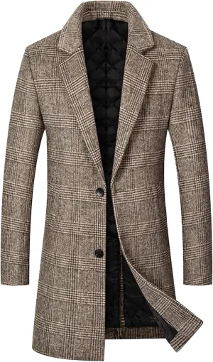 Winter Casual Trench Coat for Men Single Breasted Wool Blend Long Pea Coat Slim Fit Mid Long Business Overcoat