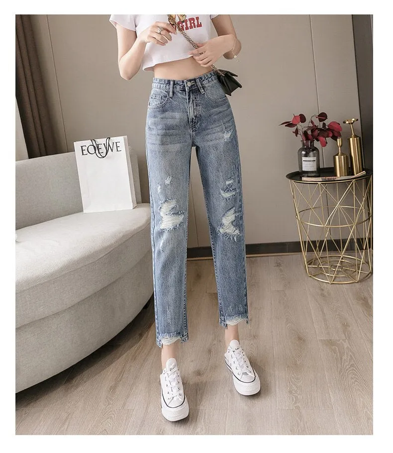 Wjczt 2022 New Lady Spring And Summer Light Blue Pierced Jeans Women'S Fashion Loose Dad Harlan Trousers High Waist Slim 9-Point Pants