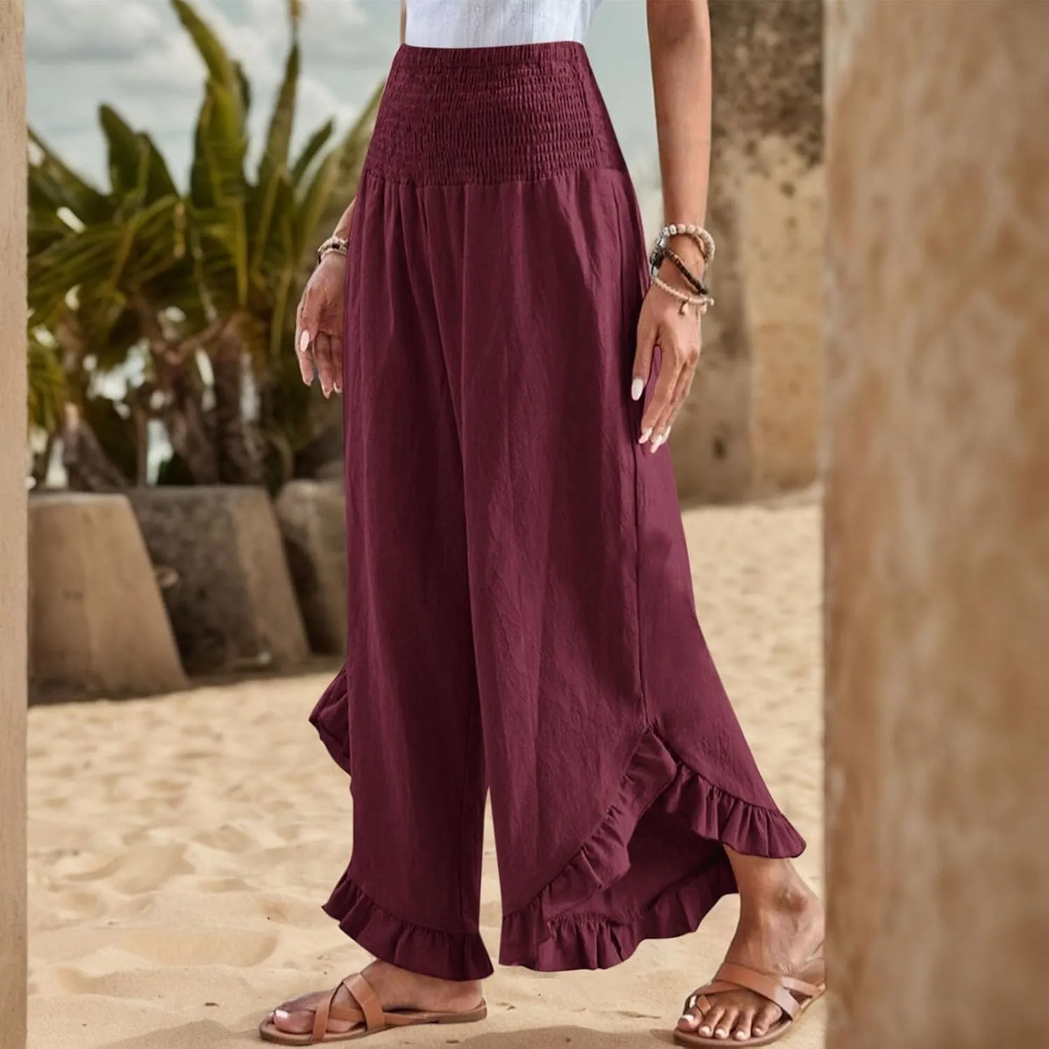Women Linen Pants Summer Wide Leg Pants Smocked Waist Ruffle Palazzo Pant Flowy Beach Vacation Trouser with Pockets