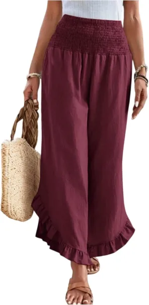 Women Linen Pants Summer Wide Leg Pants Smocked Waist Ruffle Palazzo Pant Flowy Beach Vacation Trouser with Pockets