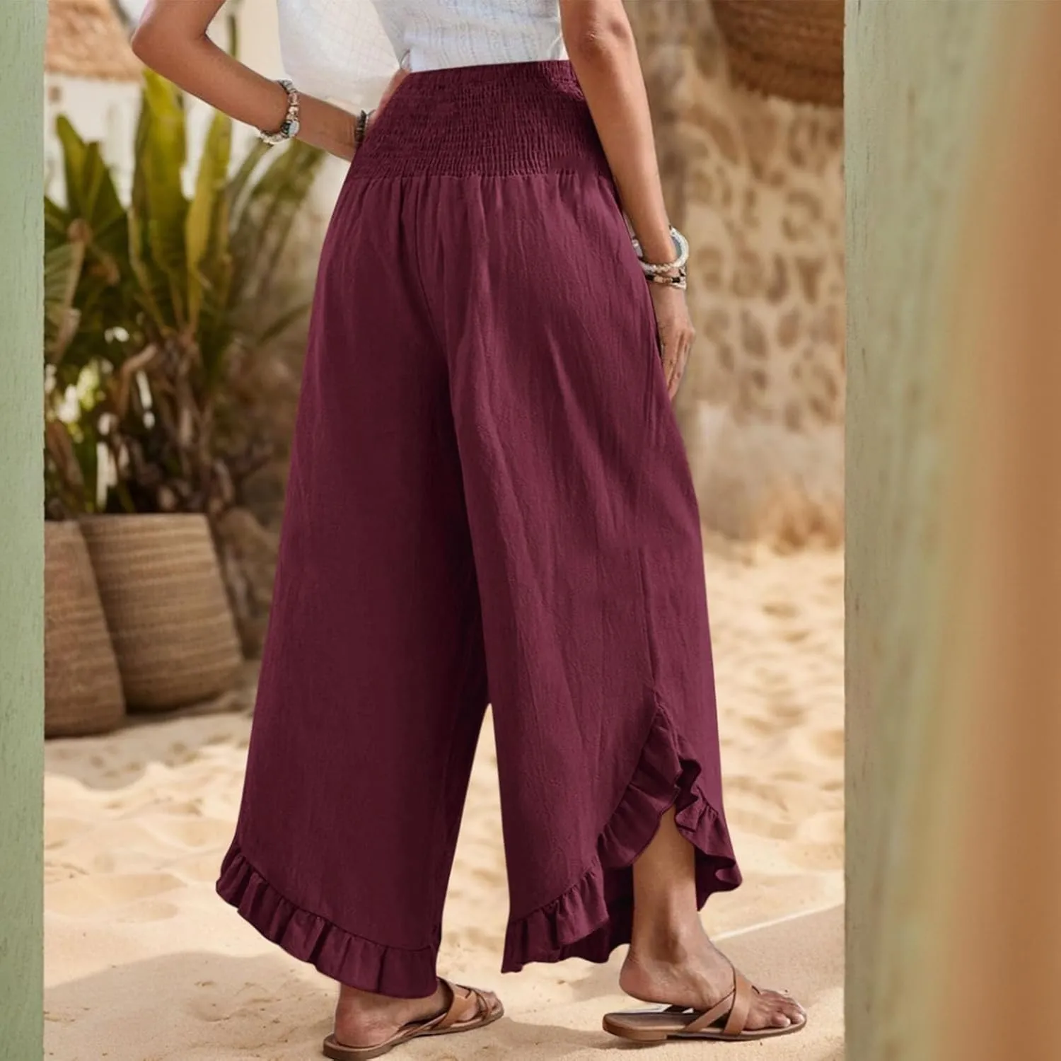 Women Linen Pants Summer Wide Leg Pants Smocked Waist Ruffle Palazzo Pant Flowy Beach Vacation Trouser with Pockets