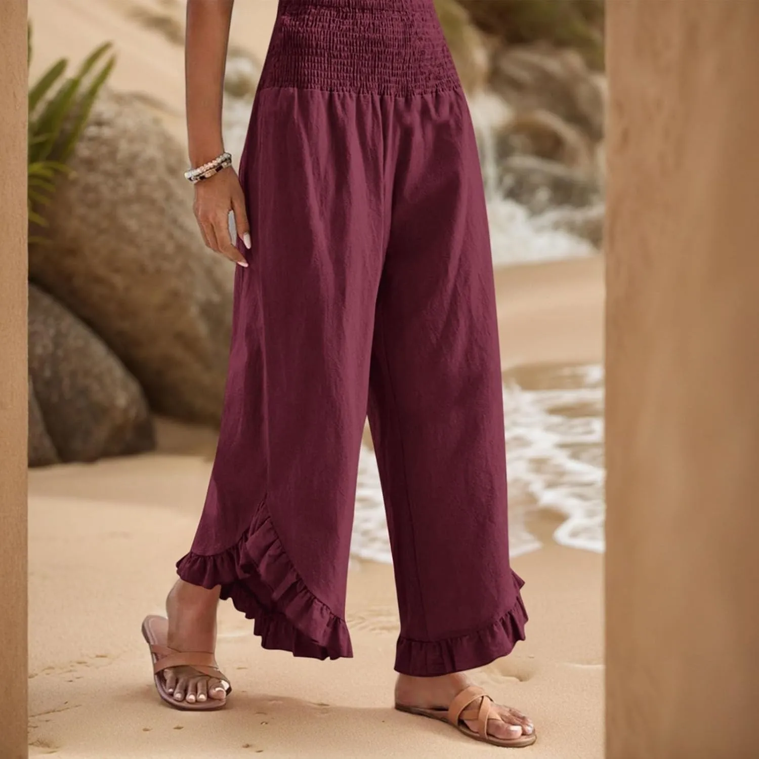Women Linen Pants Summer Wide Leg Pants Smocked Waist Ruffle Palazzo Pant Flowy Beach Vacation Trouser with Pockets